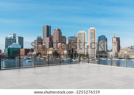 Skyscrapers Cityscape Downtown, Boston Skyline Buildings. Beautiful Real Estate. Day time. Empty rooftop View. Success concept.