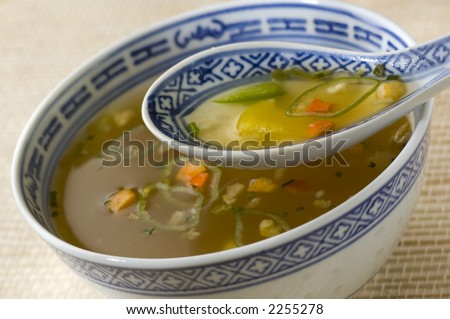 chinese vegetable soup in a bowl close up
