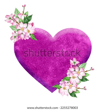 Purple Heart With An Apple Blossom Hand Drawn Illustration.