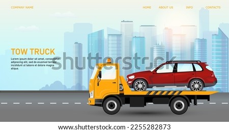Red new car transportation by tow truck to sell on dealership center. Yellow vehicle evacuator in cityscape. Towing service help concept banner. Skyscraper buildings on background. Vector illustration Royalty-Free Stock Photo #2255282873