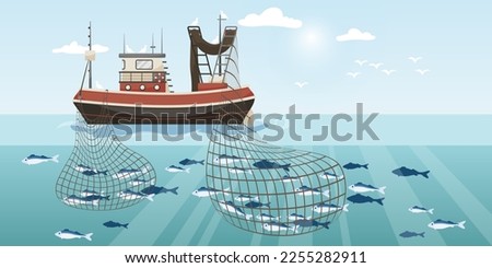 Commercial fishing ship with two full fish net. Cartoon fishing boat working in sea or ocean catching by seine seafood tuna, herring, sardine, salmon. Industry vessel in seascape. Vector illustration