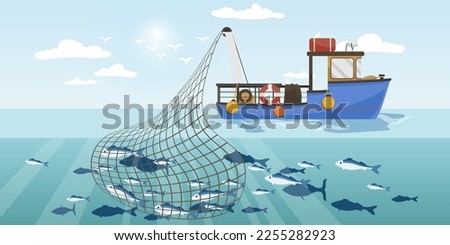 Commercial fishing ship with full fish big net. Cartoon fishing boat working in sea or ocean catching by seine seafood tuna, herring, sardine, salmon. Industry vessel in seascape. Vector illustration