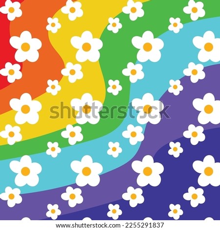 white flower and Rainbow background . LGBT flag. Pride.Diversity. Fabric Colorful.	