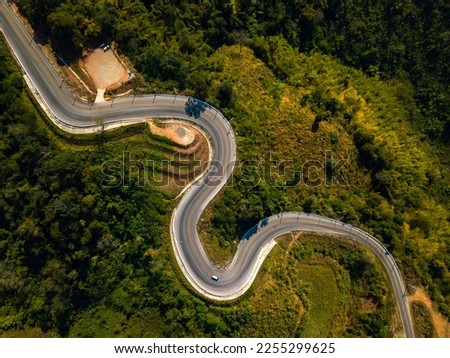 Top view Aerial photo from flying drone over Mountains and winding mountain paths exciting steep at Phu Kao Ngom,Na Haeo City,Loei Province,Thailand,ASIA.