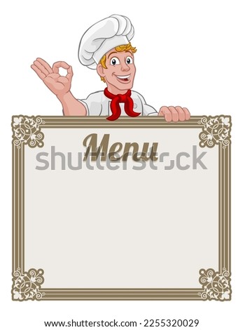A chef cook or baker man cartoon character giving a perfect or okay chefs hand sign and peeking over a background menu sign