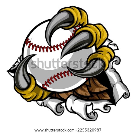 A claw with talons holding a baseball ball. Could be a monster like a dragon or dinosaur or perhaps bird like an eagle or hawk. Ripping or tearing through the background.