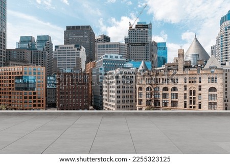 Skyscrapers Cityscape Downtown, Boston Skyline Buildings. Beautiful Real Estate. Day time. Empty rooftop View. Success concept.