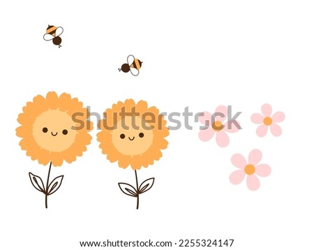 Sunflower, bee cartoons and pink flower isolated on white background vector illustration. 
