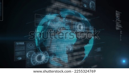 Image of data processing over globe. Global business and digital interface concept digitally generated image.