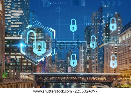 Panorama cityscape of Chicago downtown and Riverwalk, boardwalk with bridges at night time, Chicago, Illinois, USA. The concept of cyber security to protect companies confidential information