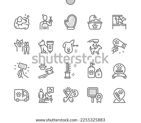Pet grooming. Clean dog ear. Bathing. Pets nail clipper. Pets care. Pixel Perfect Vector Thin Line Icons. Simple Minimal Pictogram Royalty-Free Stock Photo #2255325883