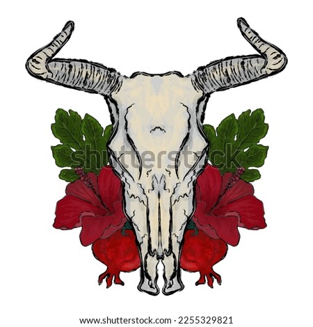 goat skull with horns and flowers