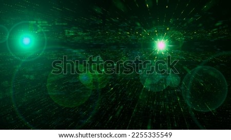 Background Digital technology 3d rendering with lines and digital elements HUD. Matrix particles cyber city space and hud windows move, network data and virtual reality world pixelated Royalty-Free Stock Photo #2255335549