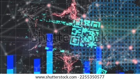Image of qr code over network of connections on black background. global technology, computing and digital interface concept digitally generated image.