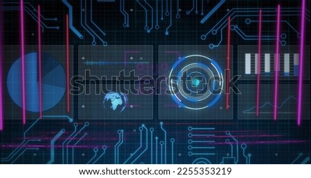 Composition of scopes and data processing on screens. Global computing, digital interface and data processing concept digitally generated image.