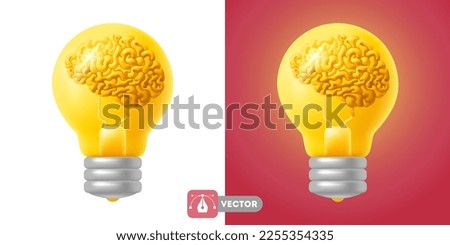 Brain in the yellow light bulb. Conceptual 3d Icon or logo. Creative idea, brainstorm, mind, non standard thinking symbol. Isolated Vector illustration Royalty-Free Stock Photo #2255354335