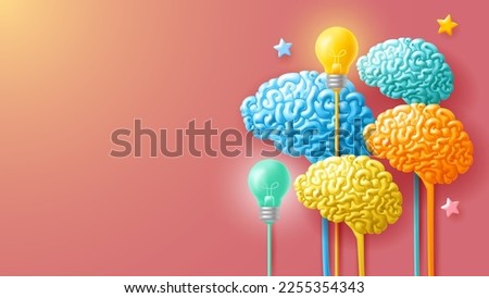 Brainstorm background with multi colored 3d brains and glowing light bulbs. Digital brain, science,  neural network, artificial intelligence or modern technology concept. Vector illustration