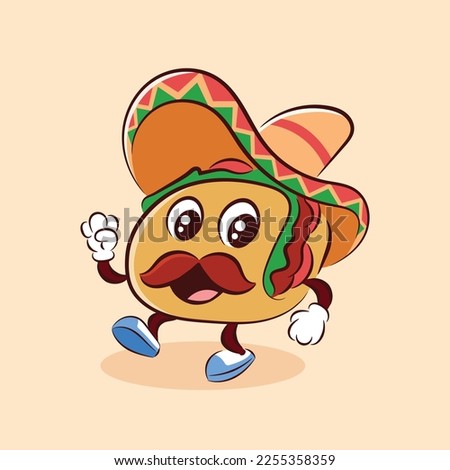 Cute Mexican taco cartoon character vector food illustration. Vector clip art. Happy taco cartoon. Mexican hat.
