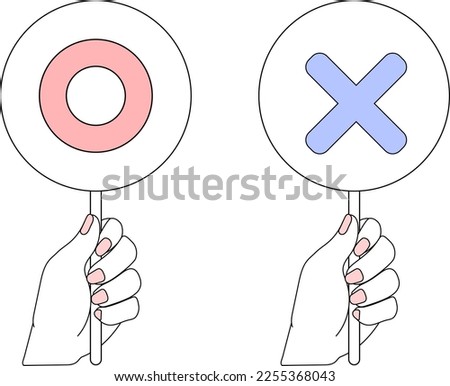 Set of female hands with correct and incorrect quiz answers Royalty-Free Stock Photo #2255368043