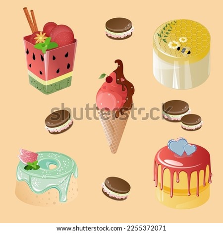 Sweet desserts. Cake, pie, ice cream, brownie. Pastry vector illustration. Sweet treats for lovers.