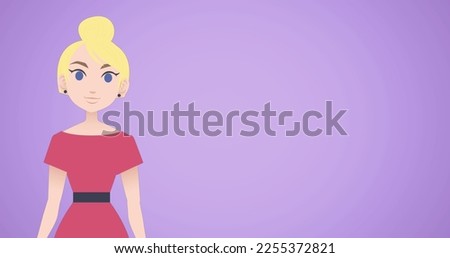 Image of pictogram of woman in pink dress with copy space on purple background. Business, education and female professional concept digitally generated image.