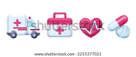 3D medic icon set, vector medical heart, pulse line, pharmacy hospital pictogram, ambulance car. Emergency help concept, treatment aid case, pills, remedy tablets, cardio sign. 3D medical object kit Royalty-Free Stock Photo #2255377021