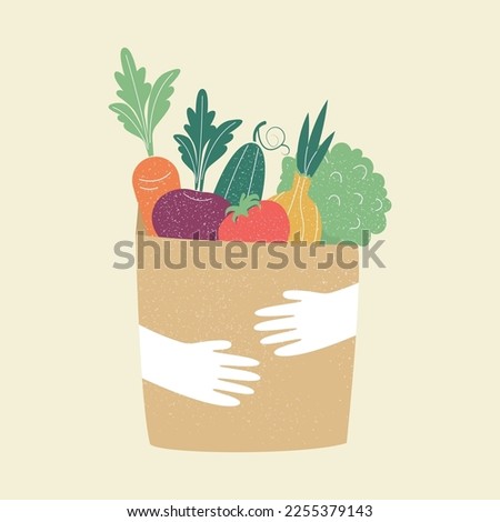 Hands holding a bio bag with products. Vector illustration Royalty-Free Stock Photo #2255379143