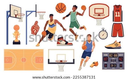Basketball elements. Cartoon sport objects and group of players in uniforms and sneakers, playing field, ball, basket and electronic scoreboard, professional championship, tidy vector set Royalty-Free Stock Photo #2255387131