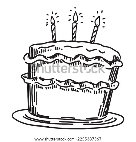 Birthday cake with candle hand drawn vector illustration. Celebration party holidays attribute outline clipart isolated on white background..
