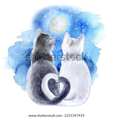 hugging cats back view night sky, moon, stars, dusk. Heart shaped cat tails. Isolated on white background. Hand drawn sweet home pet. Greeting card design.Clip art