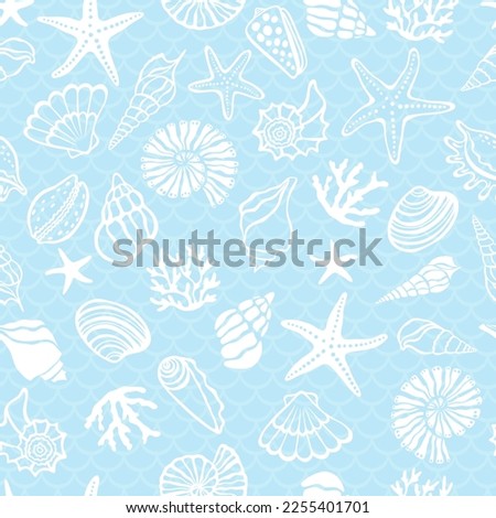 Seashells, corals and starfish seamless pattern. Royalty-Free Stock Photo #2255401701