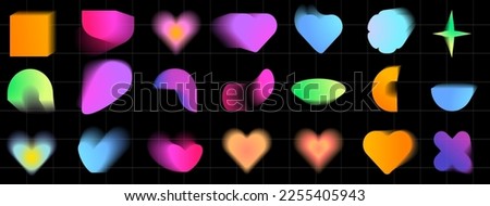 Modern trendy elements to illustrate. Blurry figures with gradients in brutalism and y2k style. Romantic hearts, creative stars, cute flower. Transparent holographic geometric vector shapes. 