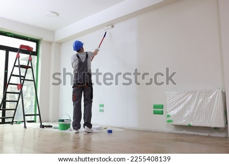 Professional painter paints office wall with roller brush. Decoration and improvement office interior concept. Royalty-Free Stock Photo #2255408139