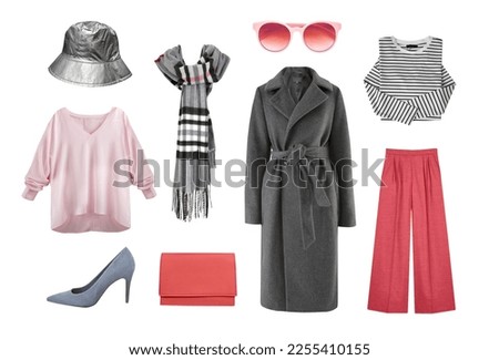 Beautiful female clothes set isolated on white. Fashion women's clothing collection. Girl's apparel, garment.