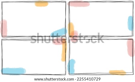 Horizontal frame 4K video clip template. 16:9 ratio. Vector minimalistic illustration with black thin line and watercolor paint blotch. Brush stroke. Social network. Media. Pink, blue, yellow blot.  Royalty-Free Stock Photo #2255410729