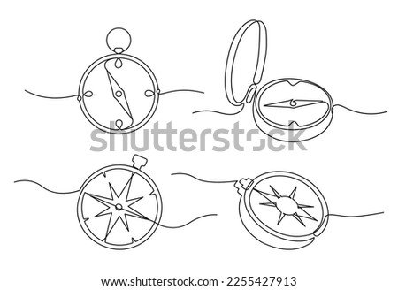 Traveller compass of different design. Single one line drawing equipment for exploration and navigation. Continuous line draw touristic object locating direction. Cartography concept vector