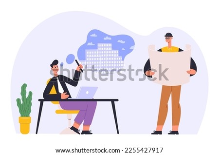 Architect people occupation. Man sitting at desktop with laptop and designing block of flats. Colleague character holding draft of house on paper. Construction engineer employees vector