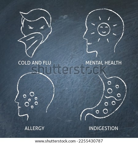 Medical specialties and symptoms chalkboard icon set. Medicine symbols. Vector illustration.