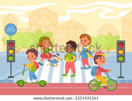 Cute kids on walk outdoor. Zebra crosswalk. Road traffic dangerous. Pedestrians cross path. Children in cityscape. Bicycle and scooter riding. City transportation