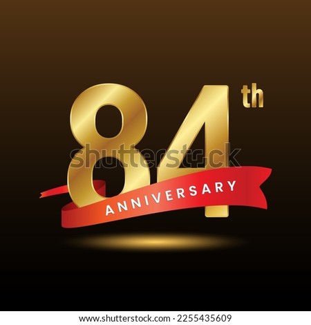 84th anniversary logo design with golden numbers and red ribbon. Logo Vector Template