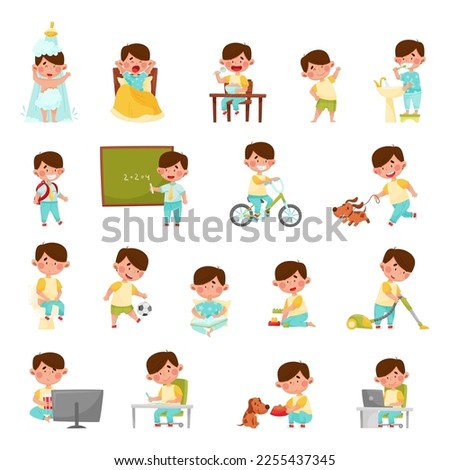 Little Boy Engaged in Daily Activities and Routine Big Vector Set Royalty-Free Stock Photo #2255437345