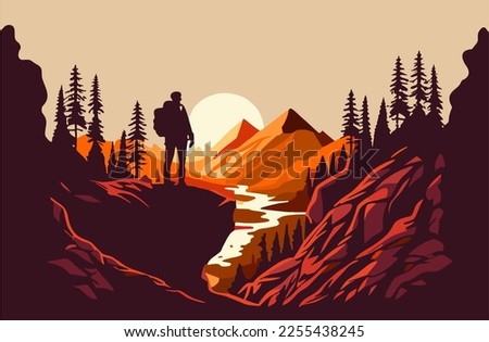 Vector web illustration on the theme of mountaineering, trekking, hiking, hiking. Sports, outdoor recreation, outdoor adventure, recreation. Passion for travel. Downshift