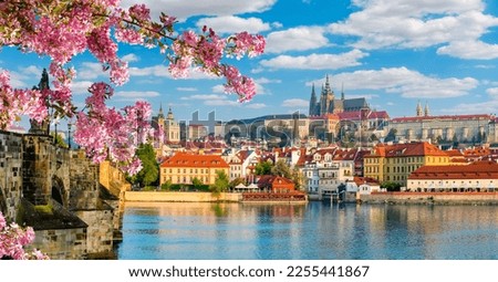 Scenic Prague panorama with Hradcany castle and Vltava river in spring, Czech Republic Royalty-Free Stock Photo #2255441867