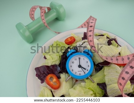 Top View Healthy Meal And Slimming Idea. A Plate Of Salad And Healthy Eating Concept.