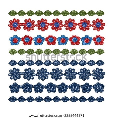embroidery illustration vector of flowers and leaves navy colors red and blue white background