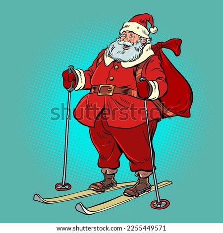 Santa Claus on skis Christmas and New Year. Red suit and big bag with gifts, holiday character. pop art retro comic caricature kitsch vintage 50s 60s style