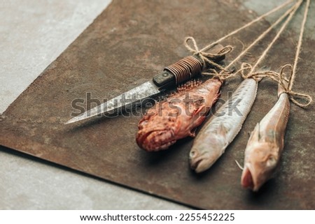 picture of three types of fish and knife on top of rusty chopping board, tied with rope 