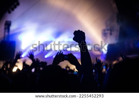 A concertgoer raises a fist in the air during a live concert performance creating a silhouette.