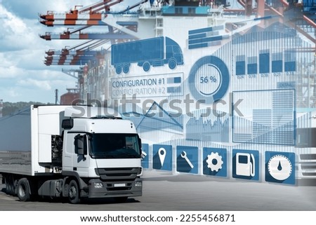 Fleet management infographics against the background of a trucks and ship loaded with containers in the seaport Royalty-Free Stock Photo #2255456871