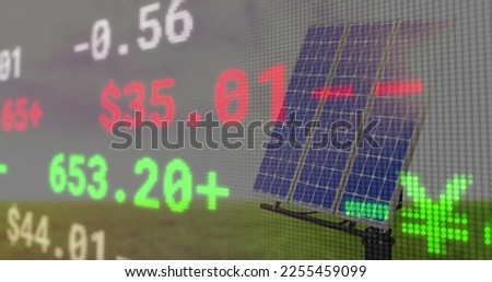 Composition of stock market over clouds and solar panels. Global business, ecology and digital interface concept digitally generated image.